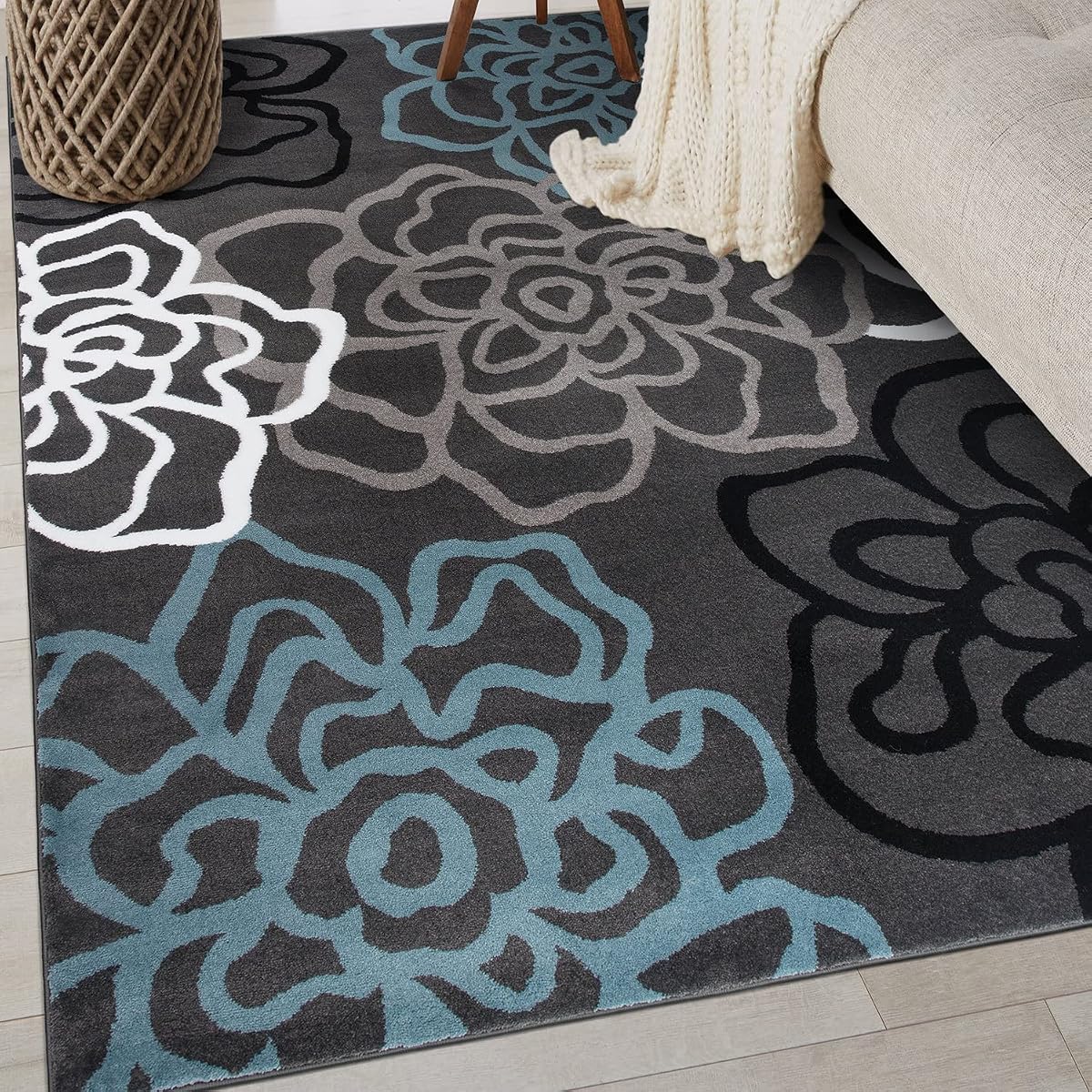 Contemporary Modern Floral Abstract Flowers Easy Maintenance for Home Office, Living Room, Bedroom, Kitchen Soft Area Rug 3'3" x 5' Gray