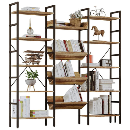 Bookshelf, Bookshelves and Bookcases, Triple Wide 5 Tiers Book Shelf with Baffles, Industrial Bookshelf with Metal Frame for Living Room, Home Office