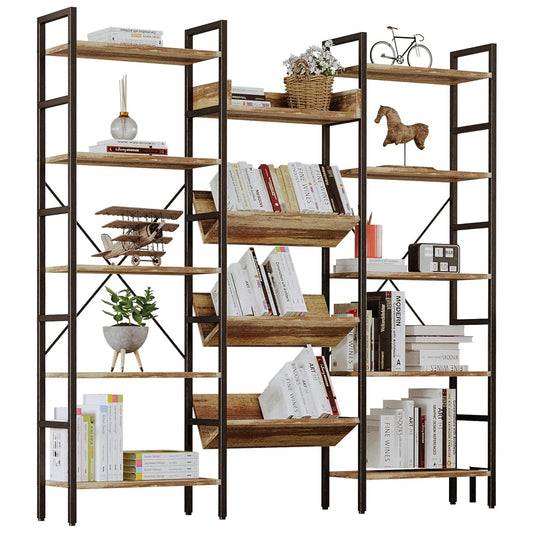 Bookshelf, Bookshelves and Bookcases, Triple Wide 5 Tiers Book Shelf with Baffles, Industrial Bookshelf with Metal Frame for Living Room, Home Office