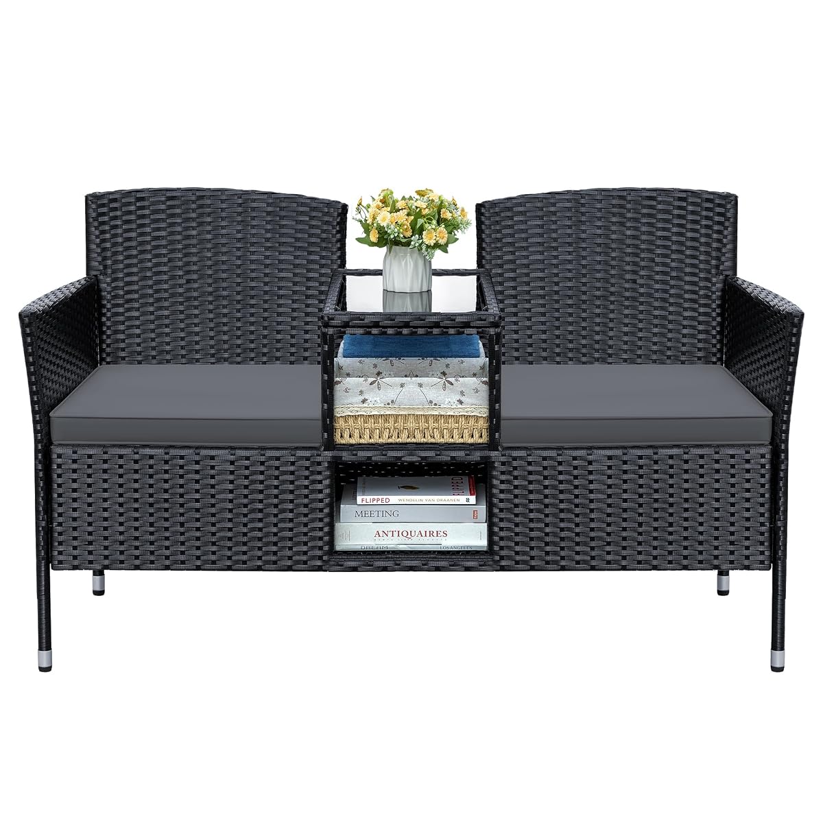 Patio Loveseat Outdoor Wicker Furniture Conversation Set with Soft Cushions & Built-in Coffee Table for Lawn Garden Backyard, Gray