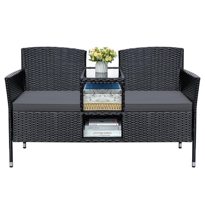 Patio Loveseat Outdoor Wicker Furniture Conversation Set with Soft Cushions & Built-in Coffee Table for Lawn Garden Backyard, Gray