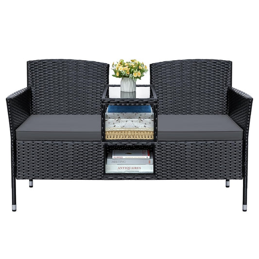 Patio Loveseat Outdoor Wicker Furniture Conversation Set with Soft Cushions & Built-in Coffee Table for Lawn Garden Backyard, Gray