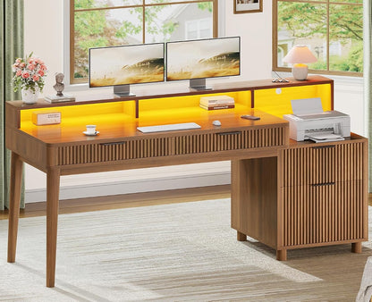 Modern Office Desk with 4 Drawers, 59" Fluted Gaming Computer Desk with Storage
