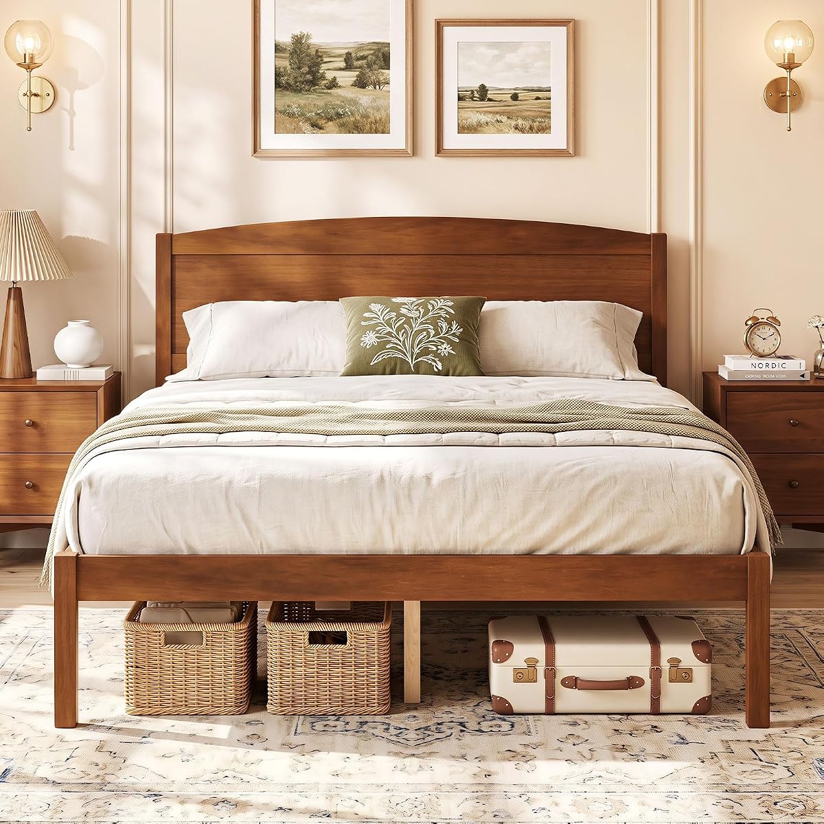 Full Size Wooden Bed Frame with Curved Headboard, Wood Slat Support