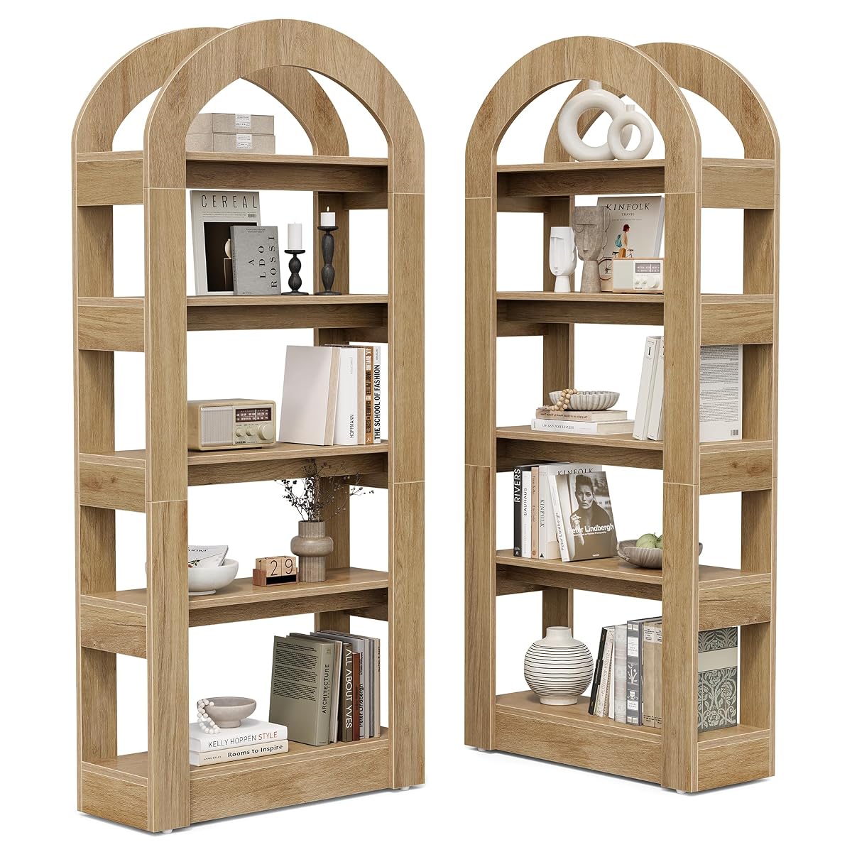 5-Tier Bookshelf, Arch-Shaped Racks, Tall Standing Wooden Bookcase Display Shelf Modern Storage Solution (2, Teak Color)