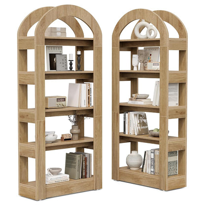 5-Tier Bookshelf, Arch-Shaped Racks, Tall Standing Wooden Bookcase Display Shelf Modern Storage Solution (2, Teak Color)