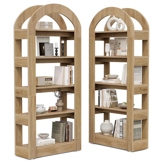 5-Tier Bookshelf, Arch-Shaped Racks, Tall Standing Wooden Bookcase Display Shelf Modern Storage Solution (2, Teak Color)