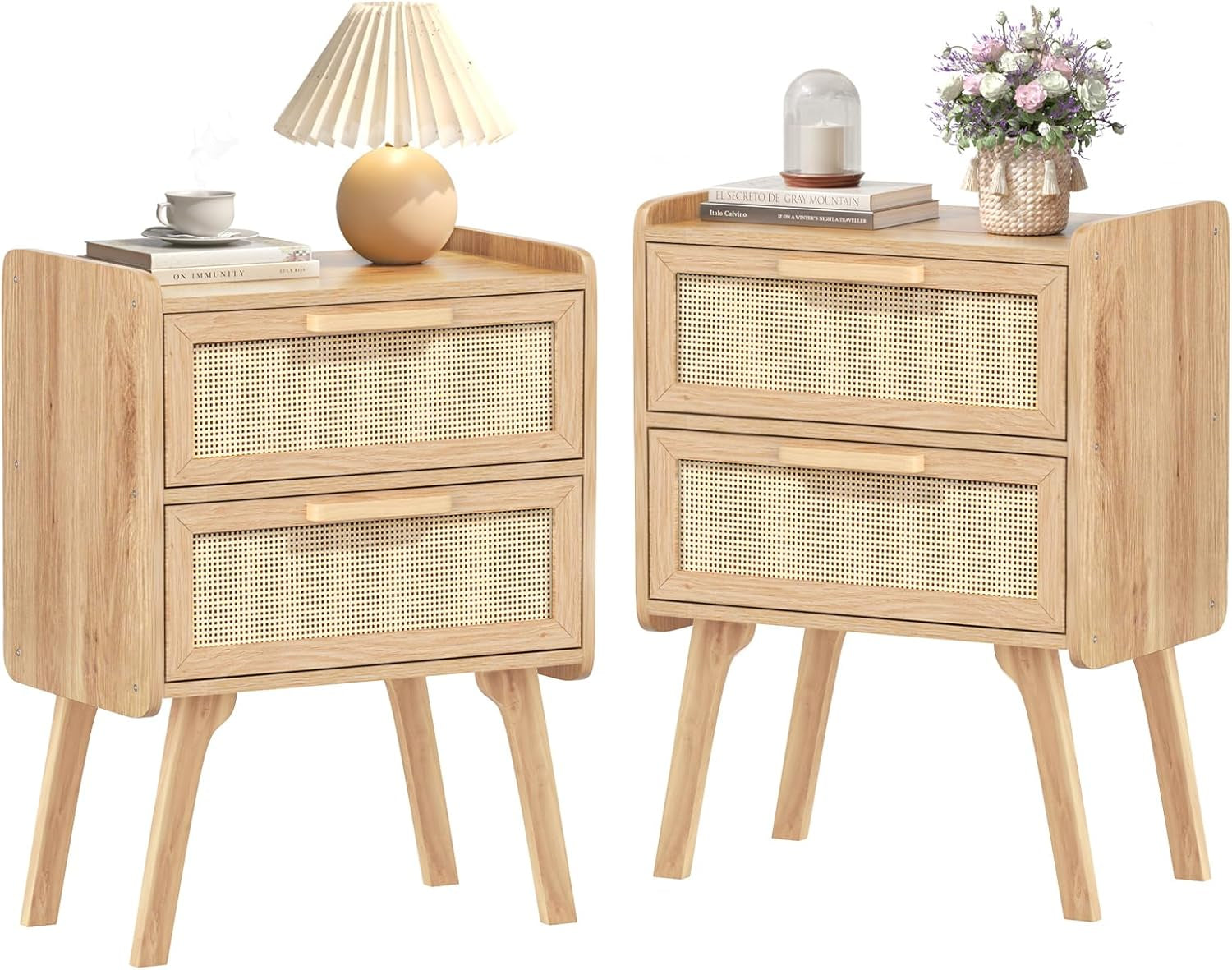Rattan Nightstands Set of 2, Boho Night Stand with 2 Drawers, Cane Accent Side End Table, Bedside Table with Solid Wood Legs for Bedroom, Dorm and Small Spaces (Natural)