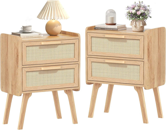 Rattan Nightstands Set of 2, Boho Night Stand with 2 Drawers, Cane Accent Side End Table, Bedside Table with Solid Wood Legs for Bedroom, Dorm and Small Spaces (Natural)