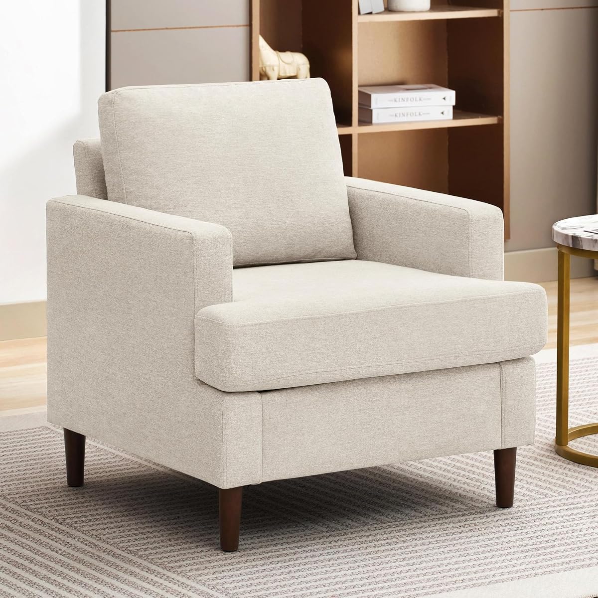 Mid-Century Accent Chair,Modern Linen Fabric Armchair for Living Room,Comfy Upholstered Reading Accent Chairs for Bedroom,Single Sofa Chair with Wood Legs (Beige, 1 Pack)