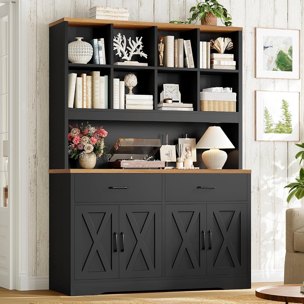 Storage Cabinet with Doors and Drawers, Pantry Cabinets, 5 Tier Floor Standing Bookshelves, Bookshelf and Bookcase, 8 Open Storage Shelves and Printer Stand for Study, Living Room, Office