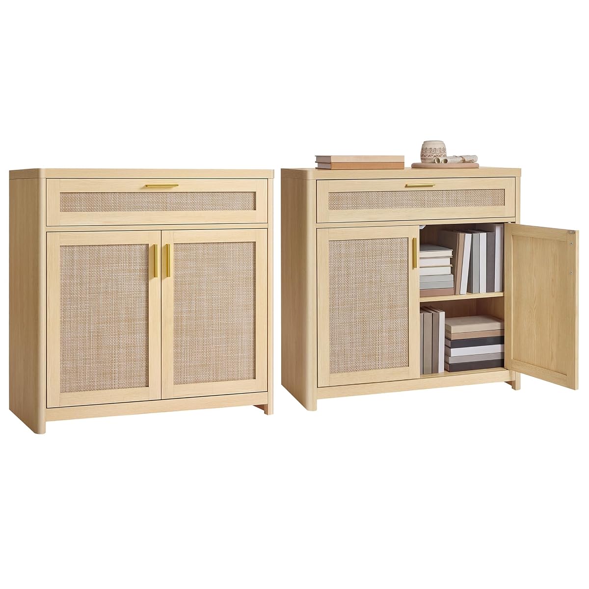VASAGLE ELLAN Collection - Boho Buffet Cabinets with Rattan-Look Doors, Sideboard Storage Cabinet, Rounded Corners, Adjustable Shelf, Drawer, for Dining Room, Set of 2, Oak Beige UBBK601YC01-2J