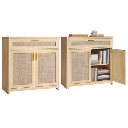 VASAGLE ELLAN Collection - Boho Buffet Cabinets with Rattan-Look Doors, Sideboard Storage Cabinet, Rounded Corners, Adjustable Shelf, Drawer, for Dining Room, Set of 2, Oak Beige UBBK601YC01-2J