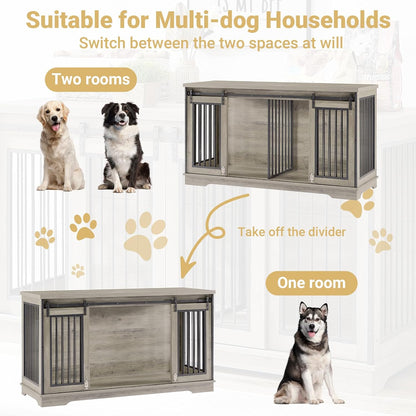 75'' Double Dog Crate Furniture for 2 Large Dogs, Heavy Duty Furniture Style Dog Crates End Table, Wood Crates for Dogs Kennel Indoor with Double Door, Grey