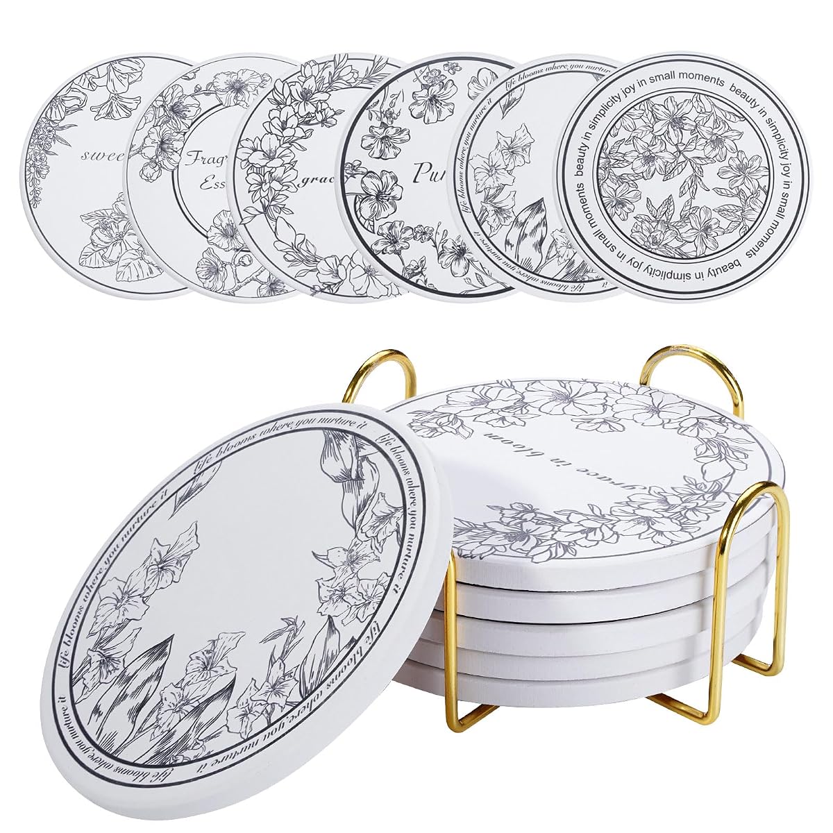 6Pcs Ceramic Coasters Set with Holder - 6 Unique Designs Absorbent Drink Mats for Coffee Table, Modern Home Decor Coasters with Cork Base Suitable for All Cups, Ideal Housewarming Gift 4 Inch