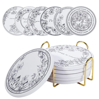 6Pcs Ceramic Coasters Set with Holder - 6 Unique Designs Absorbent Drink Mats for Coffee Table, Modern Home Decor Coasters with Cork Base Suitable for All Cups, Ideal Housewarming Gift 4 Inch