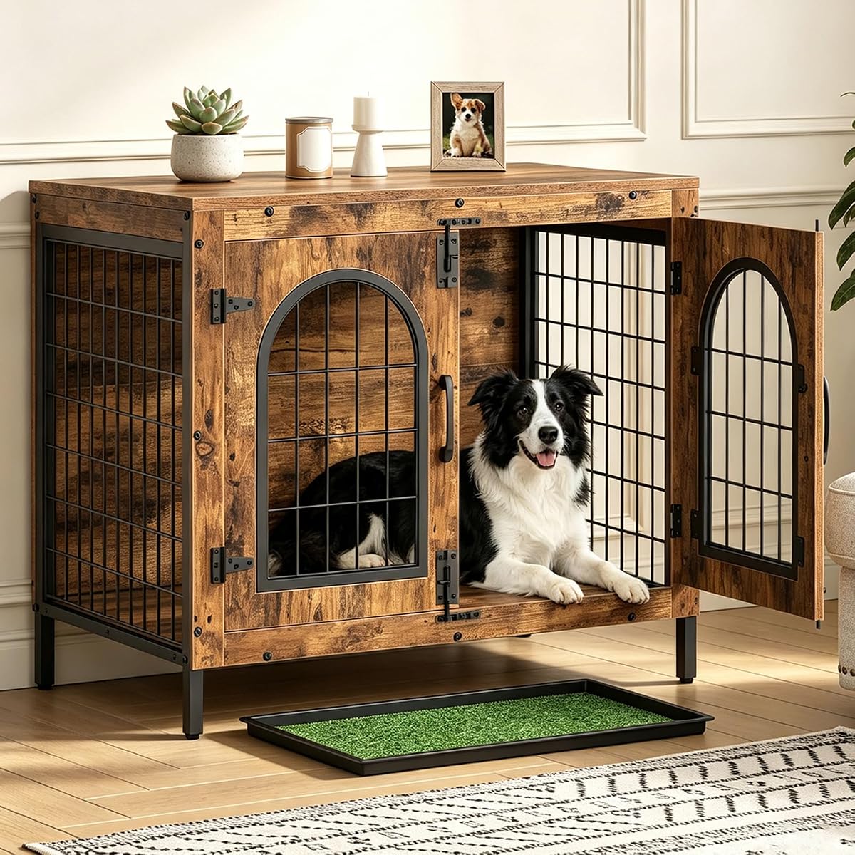 Dog Crate Furniture, 31.5" Dog Kennel with Dog Grass Pad and Tray