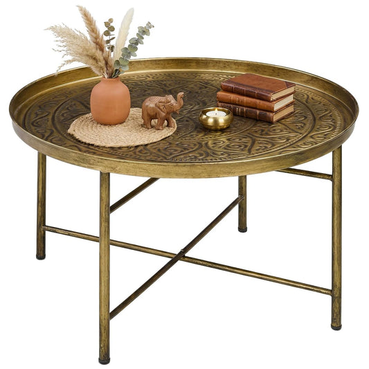 24" Round Coffee Table with Hammered Tray Top, Vintage Metal Center Table for Living Room, Bedroom, Side Table, Gold