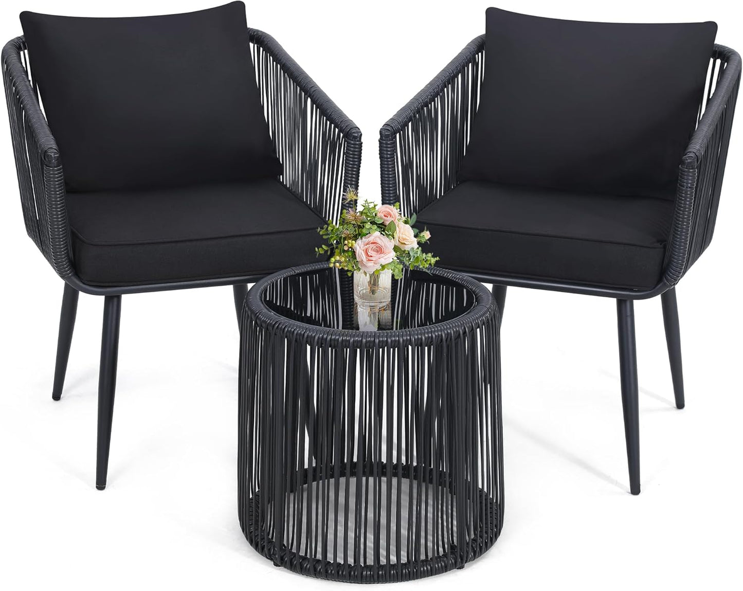 3 Pieces Patio Rattan Bistro Conversation Set, Outdoor All-Weather Wicker Furniture Chairs and Side Table Set Ideal for Balcony, Porch and Backyard, Black