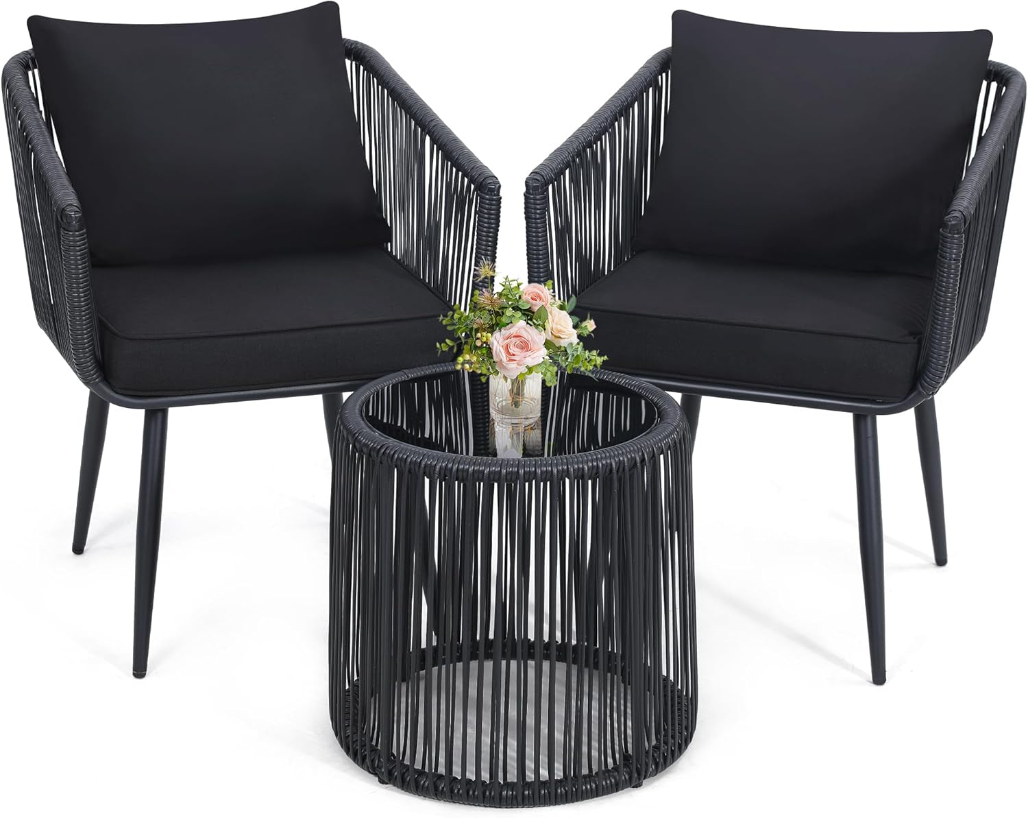 3 Pieces Patio Rattan Bistro Conversation Set, Outdoor All-Weather Wicker Furniture Chairs and Side Table Set Ideal for Balcony, Porch and Backyard, Black