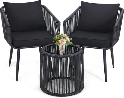3 Pieces Patio Rattan Bistro Conversation Set, Outdoor All-Weather Wicker Furniture Chairs and Side Table Set Ideal for Balcony, Porch and Backyard, Black
