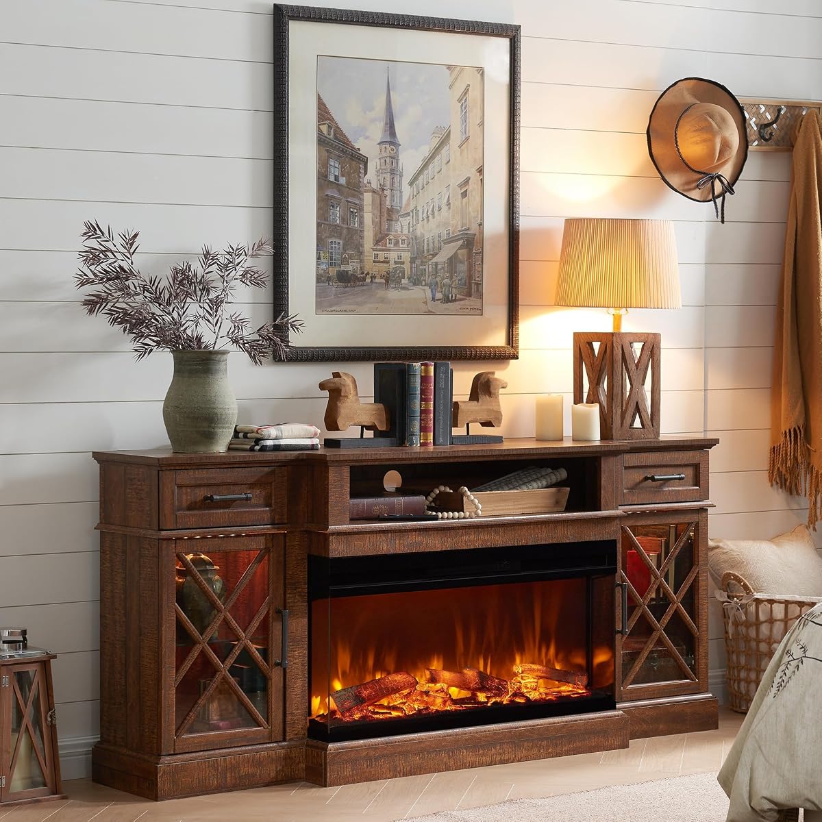 3-Sided Glass Farmhouse Fireplace TV Stand for TVs up to 80'', Highboy Entertainment Center with Glass Door Storage Cabinet, 70'' Large TV Stands with 36'' Electric Fireplace, Reclaimed Barnwood