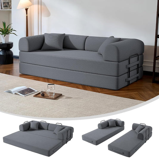 79" Boneless Couch,6-in-1 Convertible Sofa Bed,Corduroy Sleeper Sofa Bed with Pillows,Modular Foldable Floor Loveseat, Boneless Couches for Living Room, Bedroom, Lounge, Studio (Dark Gray)