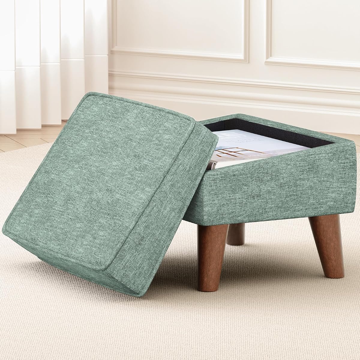 Small Footstool Ottoman, Footstool with Adjustable Lid, 11" Ottoman Foot Rest with Storage for Living Room, Bedroom, Couch, Enterway, Green
