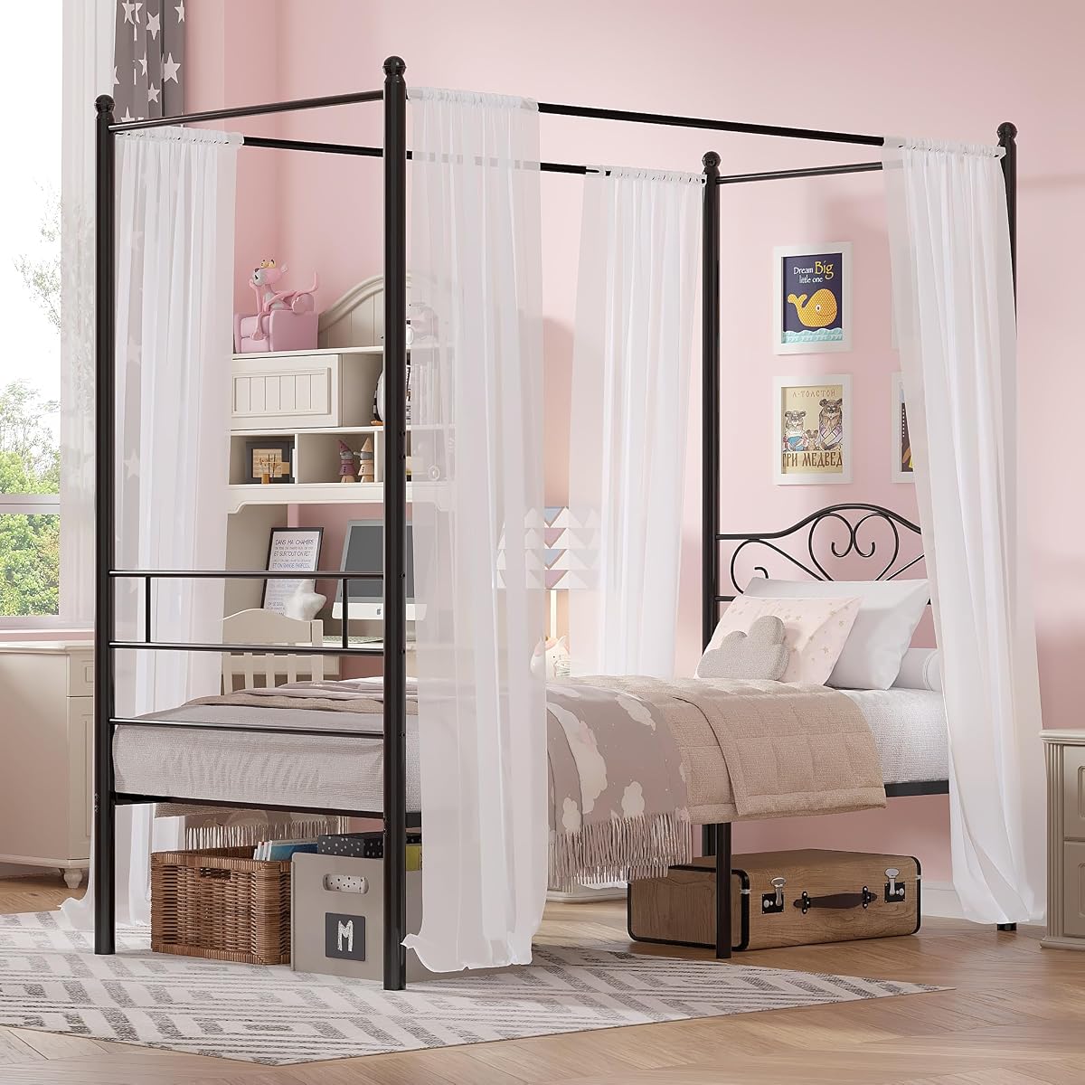 Twin Canopy Bed Frame, Heart-Shaped Headboard, Black