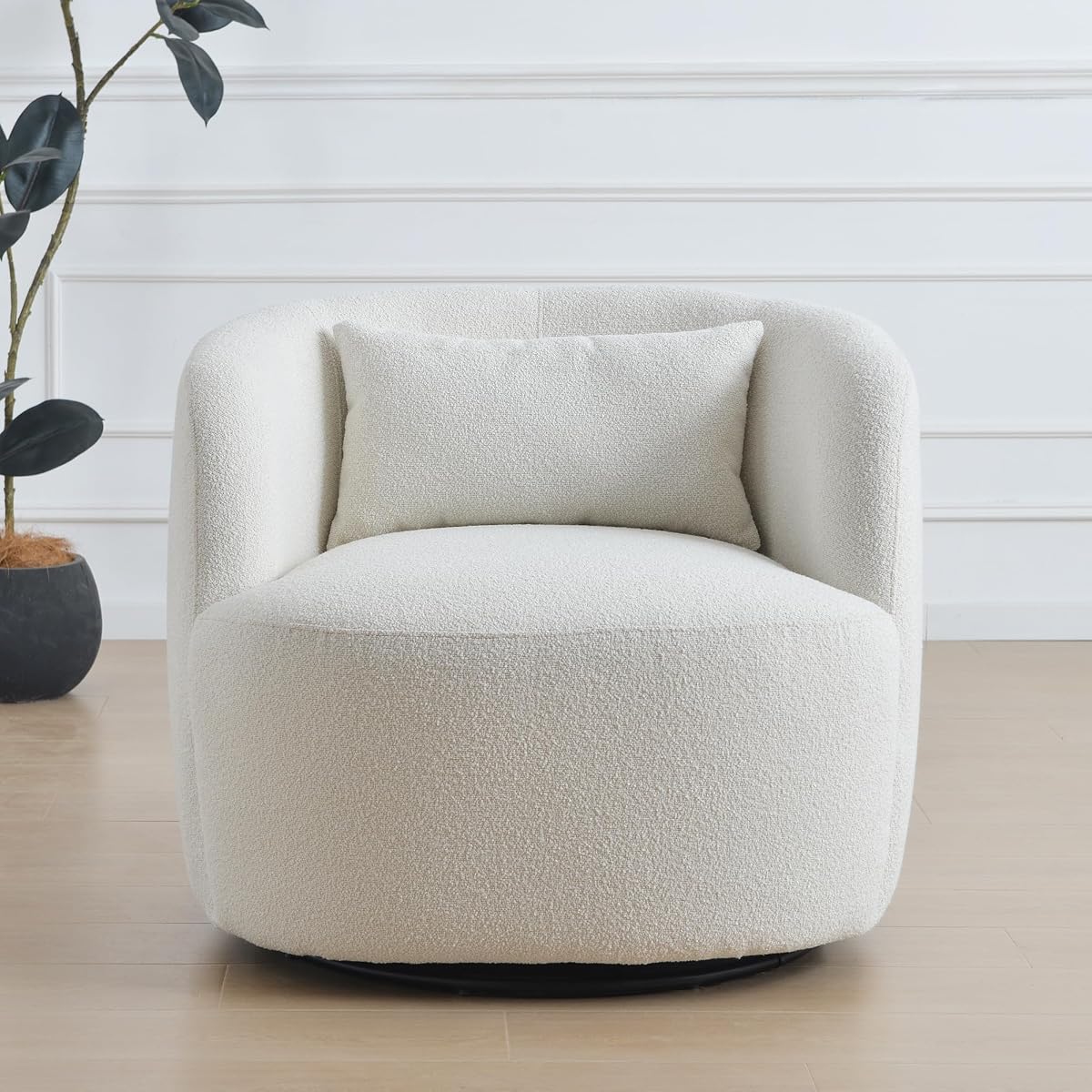 34" Wide Sherpa Swivel Barrel Chair, No Assembly Round Boucle Upholstered Accent Chair Armchair Single Sofa Chair with Toss Pillow for Living Room and Bedroom, Beige