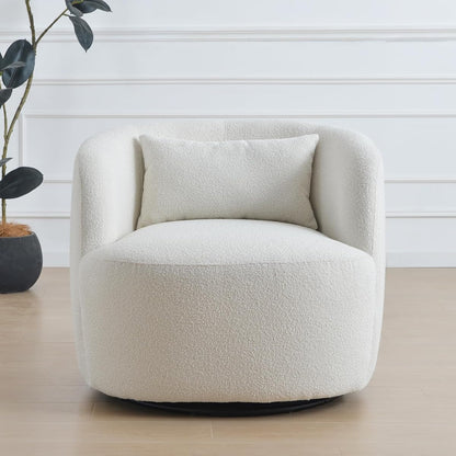 34" Wide Sherpa Swivel Barrel Chair, No Assembly Round Boucle Upholstered Accent Chair Armchair Single Sofa Chair with Toss Pillow for Living Room and Bedroom, Beige