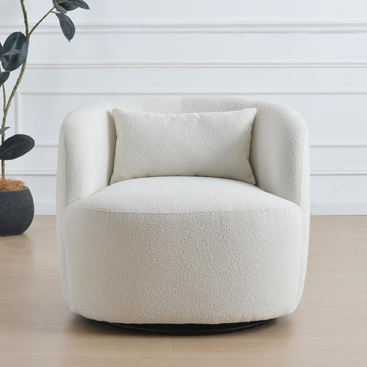 34" Wide Sherpa Swivel Barrel Chair, No Assembly Round Boucle Upholstered Accent Chair Armchair Single Sofa Chair with Toss Pillow for Living Room and Bedroom, Beige