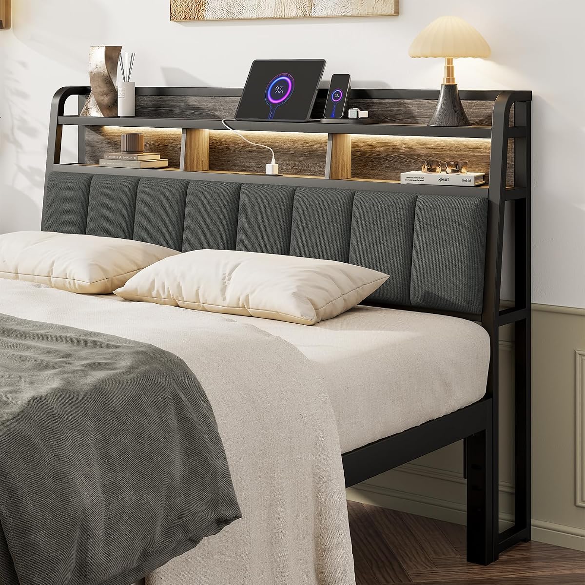 Queen Headboard Only with Storage, Charging Station, Black & Grey