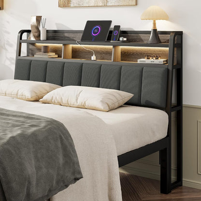 Queen Headboard Only with Storage, Charging Station, Black & Grey