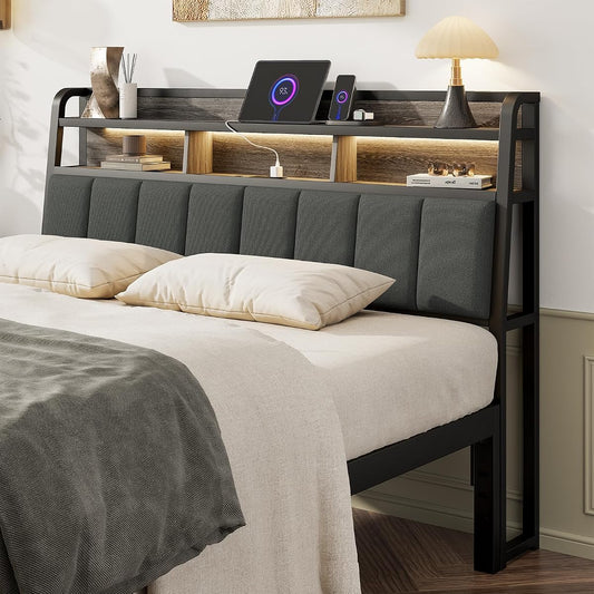 Queen Headboard Only with Storage, Charging Station, Black & Grey