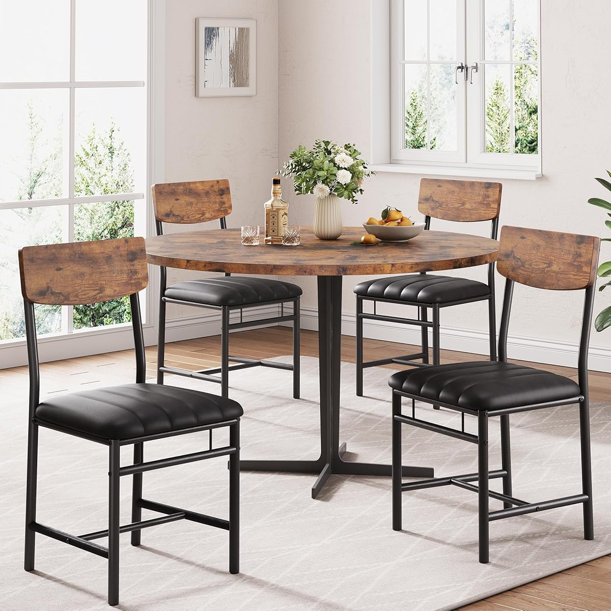 Industrial Dining Chairs Set of 4 - Upholstered Dining Room Chairs with PU Leather, Kitchen Chairs with Wooden Backrest and Thickened Metal Legs, for Dining Room, Living Room（Rustic Brown）