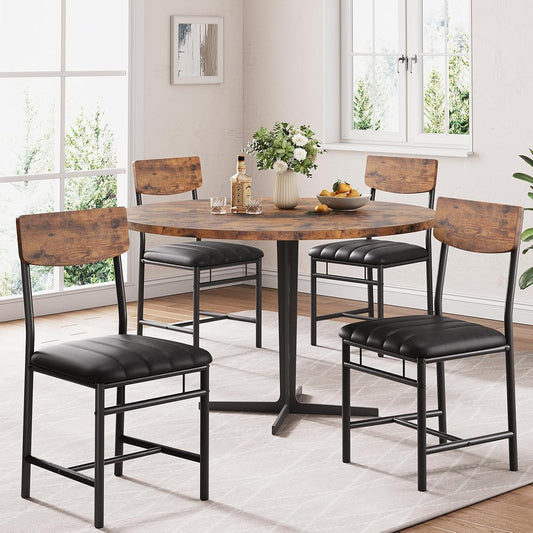 Industrial Dining Chairs Set of 4 - Upholstered Dining Room Chairs with PU Leather, Kitchen Chairs with Wooden Backrest and Thickened Metal Legs, for Dining Room, Living Room（Rustic Brown）