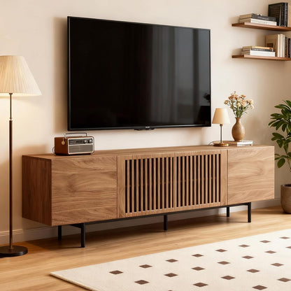 71" Mid-Century TV Stand 4 Cabinets Walnut Media Console