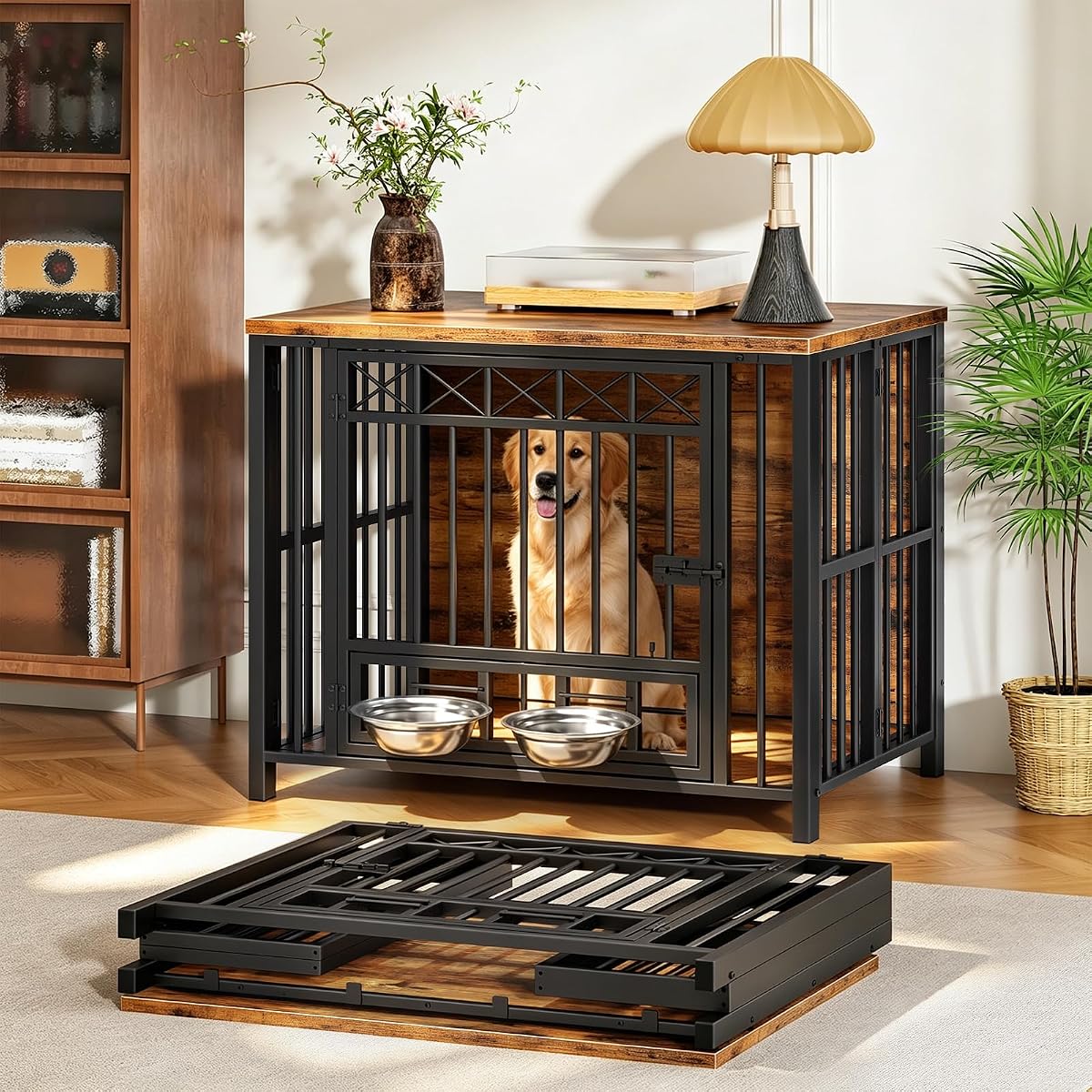 Foldable Dog Crate Furniture with 360° Rotating Double Bowls