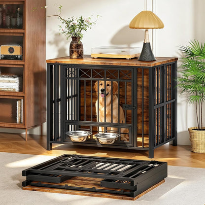 Foldable Dog Crate Furniture with 360° Rotating Double Bowls
