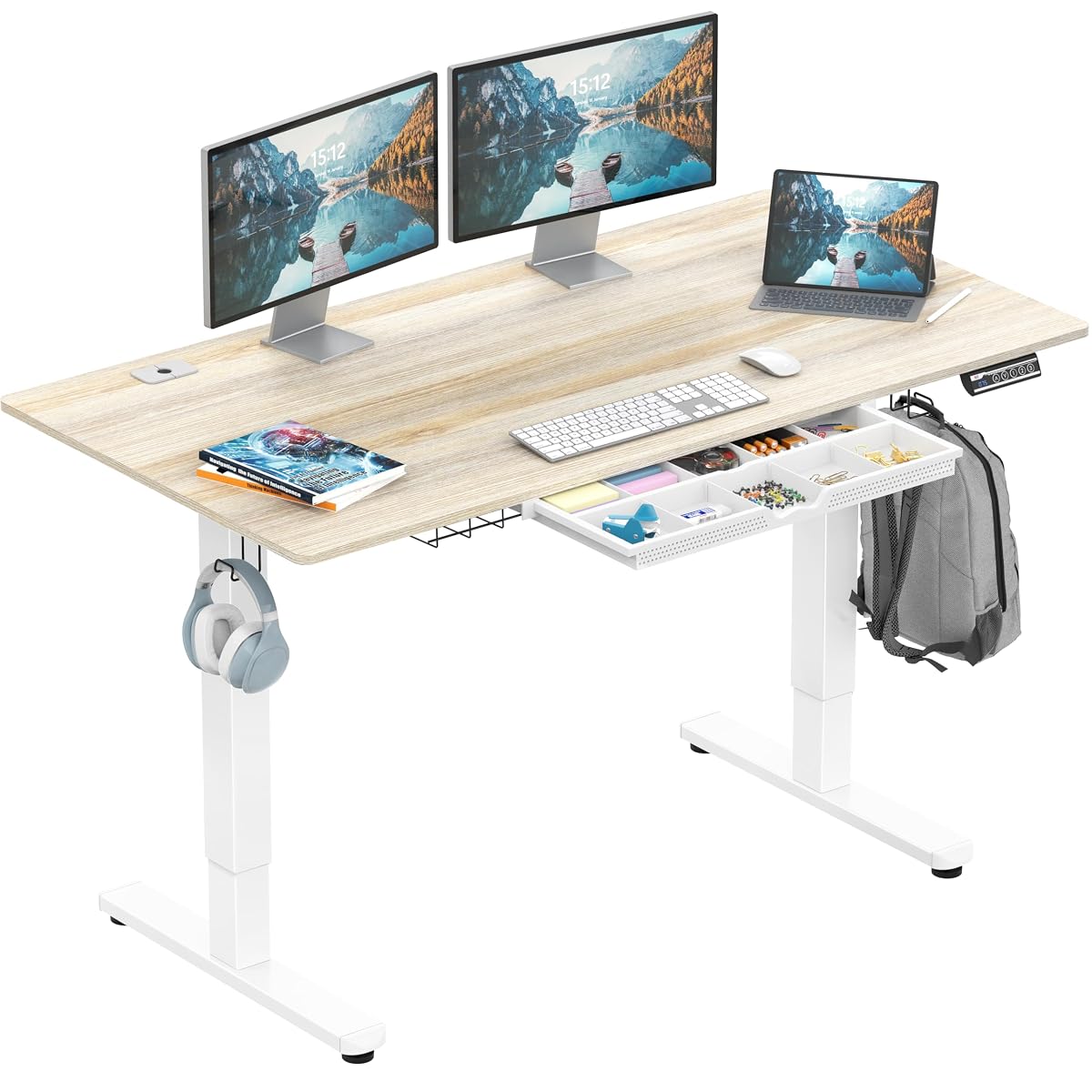 55 x 28 Electric Height Adjustable Standing Desk w/Drawer, Maple
