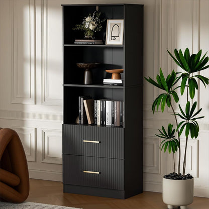 Black Bookshelf with Drawers, 63" Tall Bookshelf with Storage, 3 Shelf Modern Bookcase with Adjustable Shelf, Open Shelves Bookcase, Unique Book Shelf forHome Office, Living Room, Black