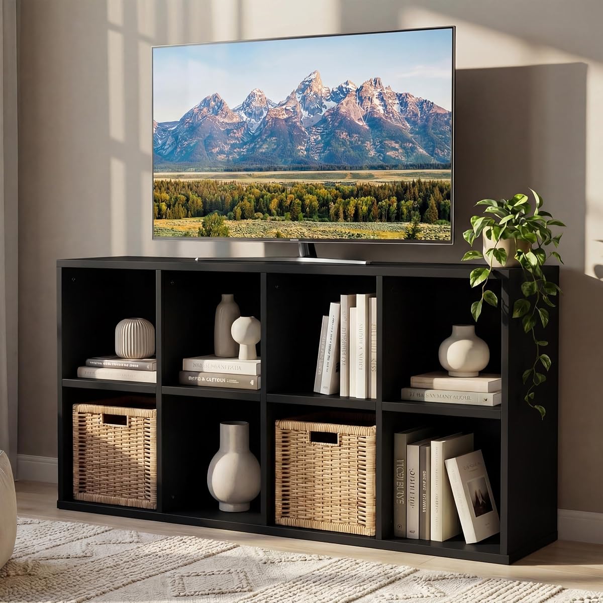 Modern TV Stand for Televisions up to 55 Inch, Mid Century Entertainment Center with 8 Open Shelves for 32/43/50/55 Inchs TVs, Media Console with Adjustable Shelves for Living Room, Black