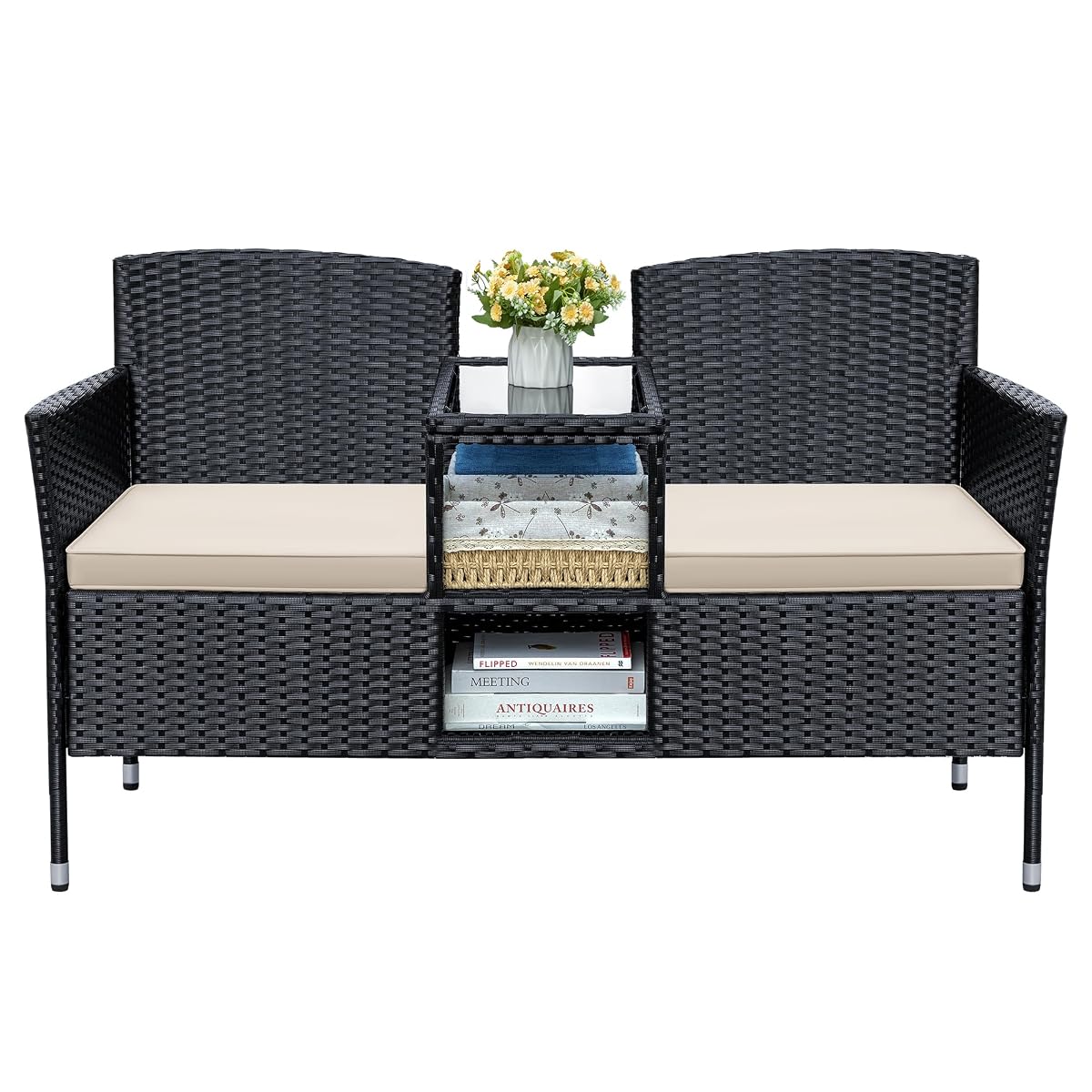 Patio Loveseat Outdoor Wicker Furniture Conversation Set with Soft Cushions & Built-in Coffee Table for Lawn Garden Backyard, Beige