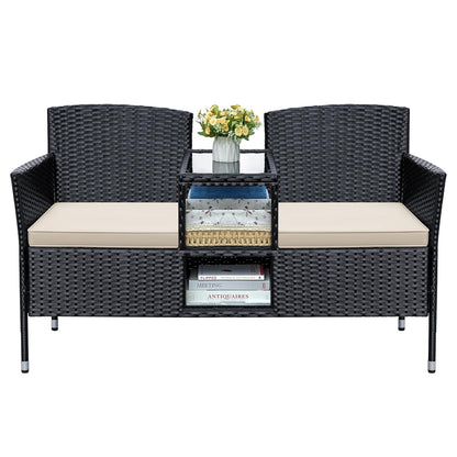 Patio Loveseat Outdoor Wicker Furniture Conversation Set with Soft Cushions & Built-in Coffee Table for Lawn Garden Backyard, Beige