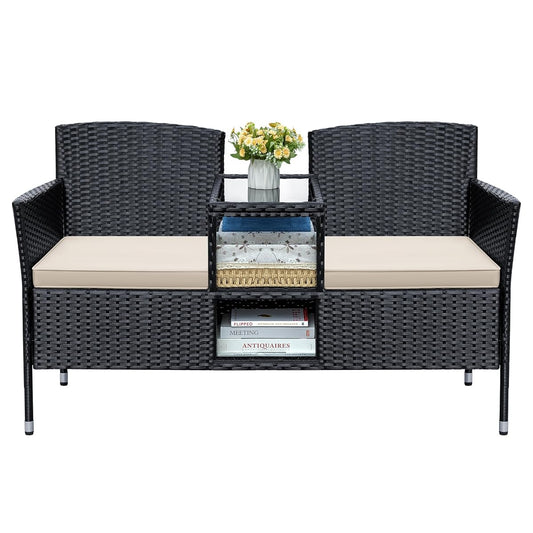 Patio Loveseat Outdoor Wicker Furniture Conversation Set with Soft Cushions & Built-in Coffee Table for Lawn Garden Backyard, Beige