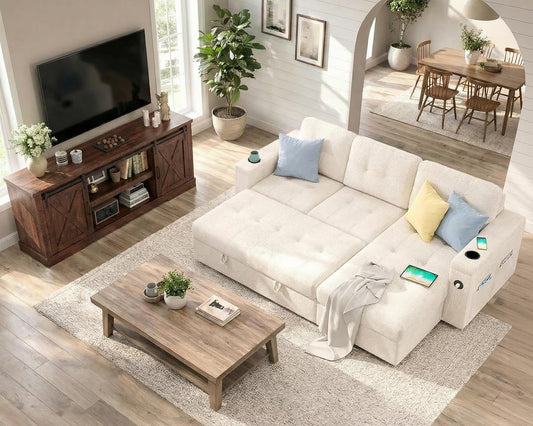 2 Piece Living Room Furniture Set, 84" Pull Out Sleeper Sofa with Storage Chaise