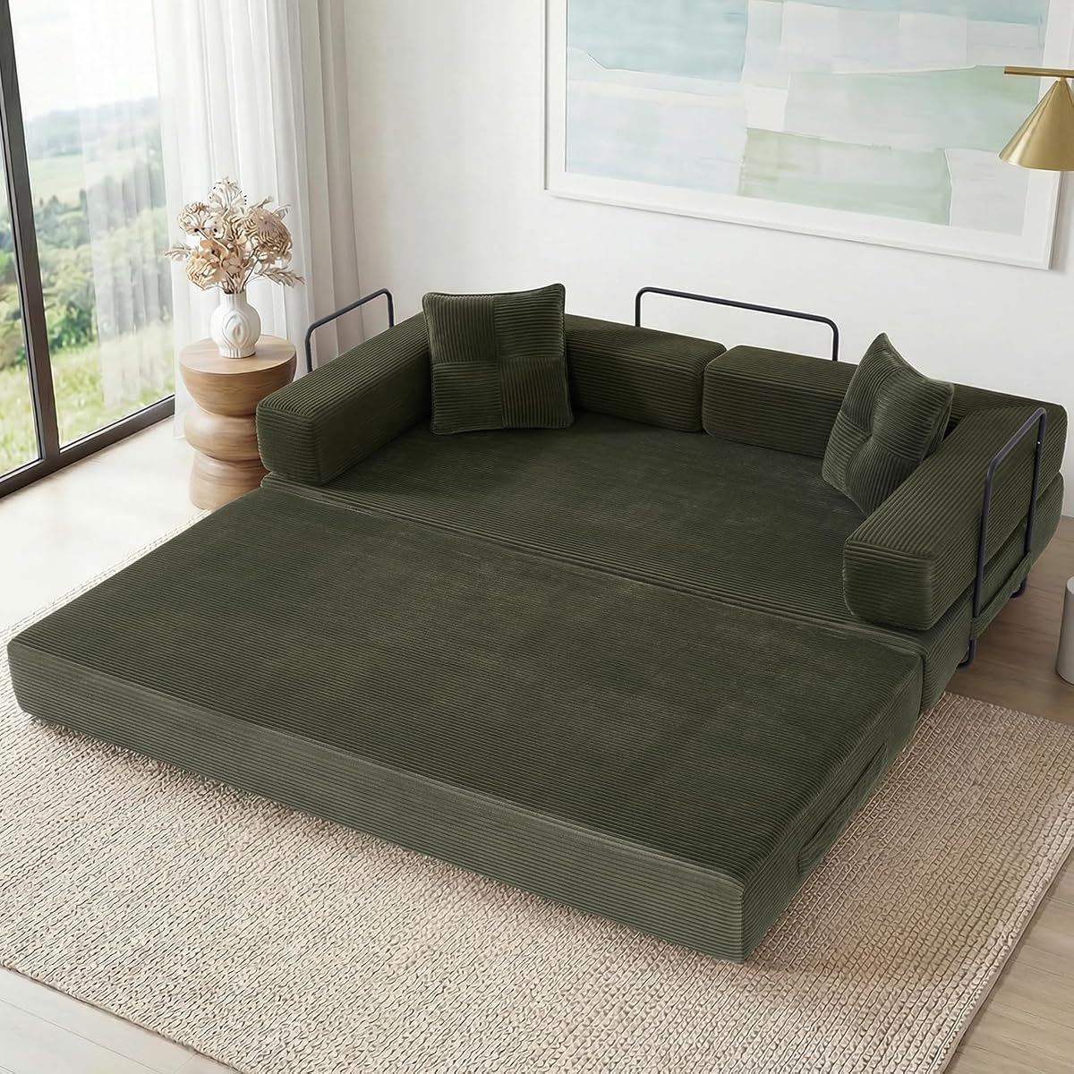 78 Inch Convertible Boneless Sleeper Sofa Bed, Modular Foldable Floor Couch, Corduroy Fabric, Memory Foam Filling, Modern Comfy Loveseat for Living Room, Small Spaces, Assembly Free, Green