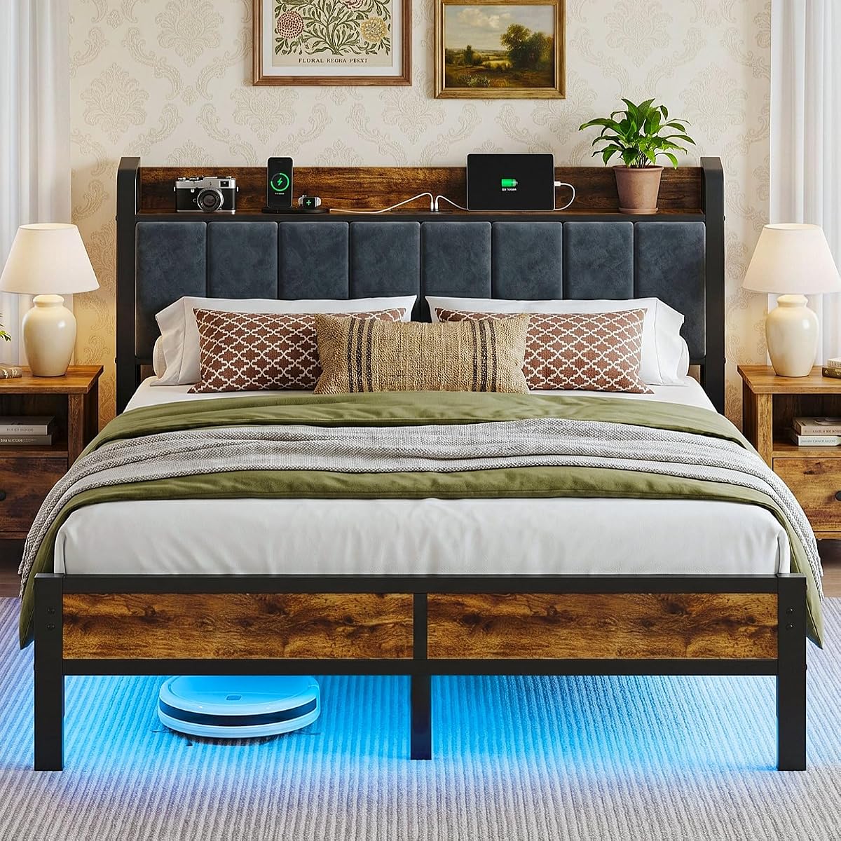 Queen Bed Frame Storage Headboard with Lights