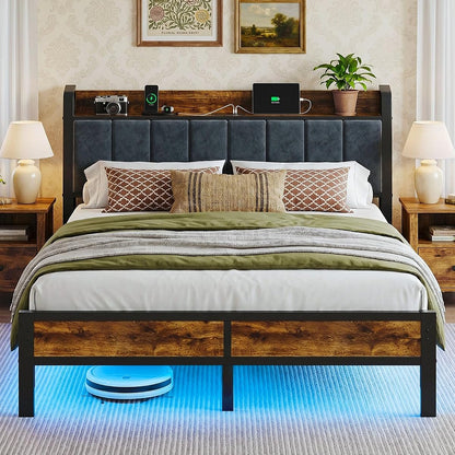 Queen Bed Frame Storage Headboard with Lights